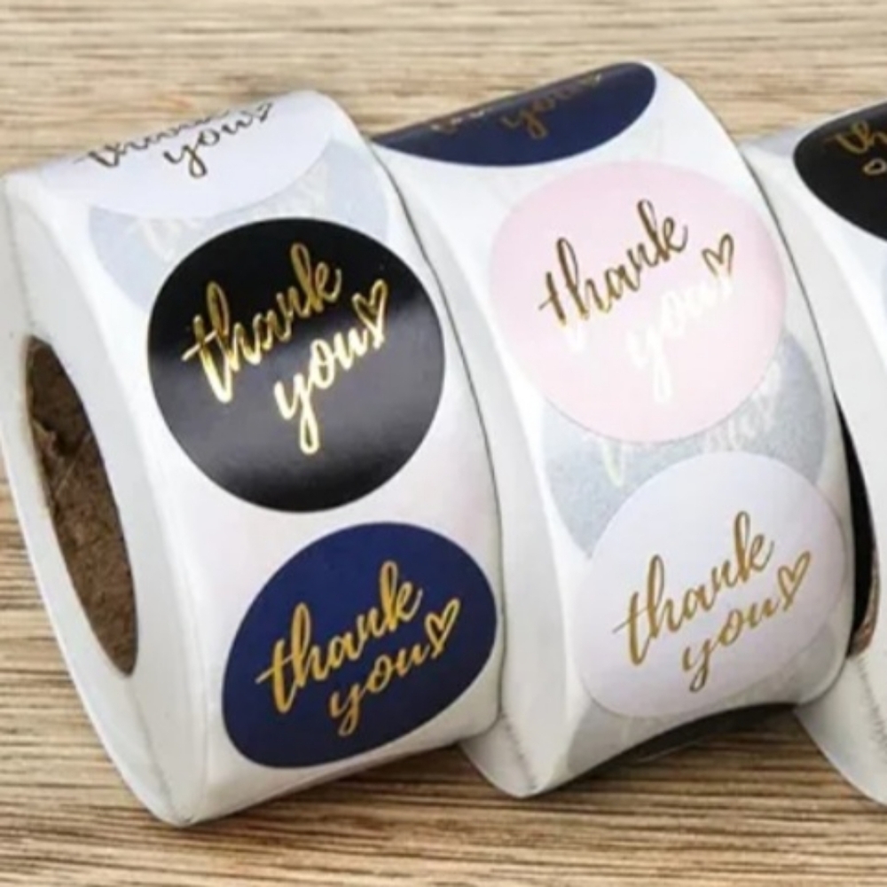 Thank You-Stickers-4 Colors Black, Blue, White, and Pink with Gold Text 1" -500 - Picture 4 of 4